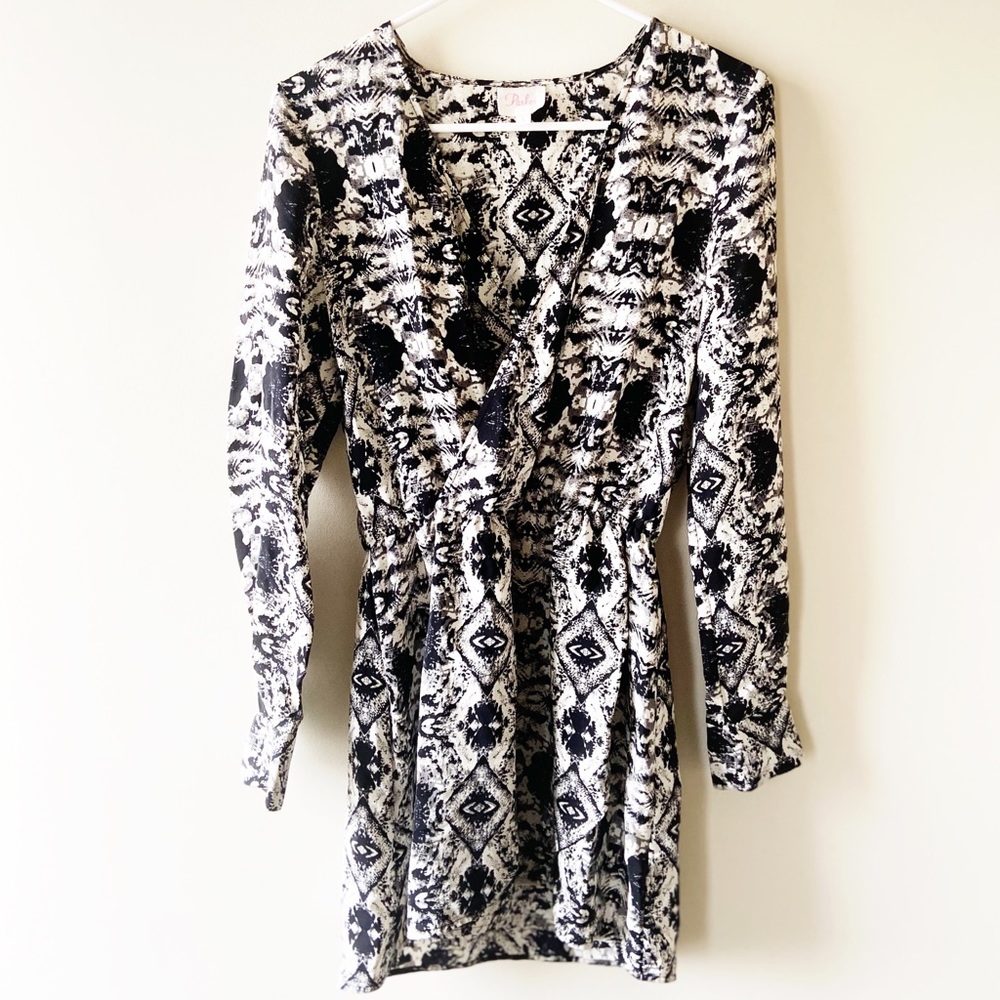Parker Wrap long sleeve Dress black and white silk